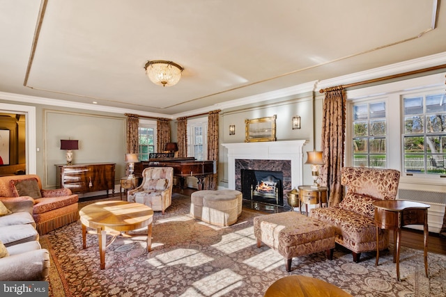 living room featuring ornamental molding, hardwood / wood-style flooring, and a fireplace