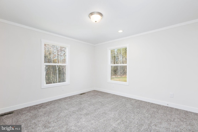 carpeted spare room featuring crown molding