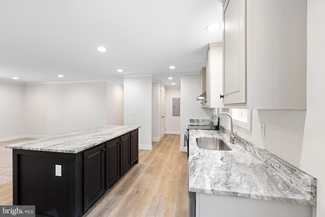 kitchen with sink, light hardwood / wood-style floors, crown molding, and white cabinetry