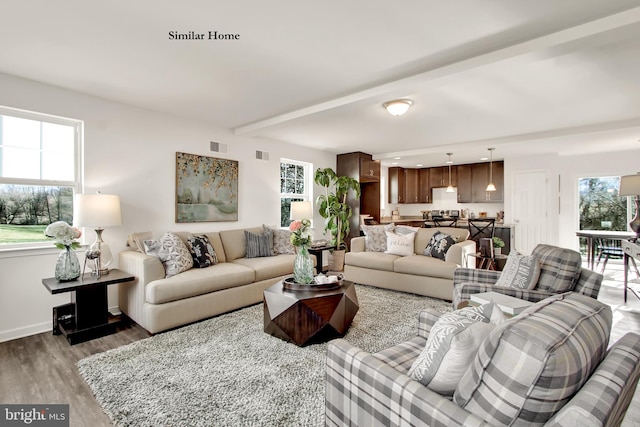 living room featuring beamed ceiling and hardwood / wood-style floors