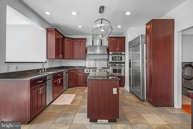 kitchen with a center island, wall chimney exhaust hood, stainless steel appliances, and light tile floors