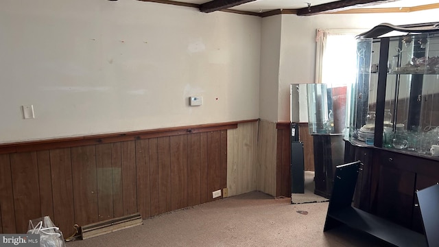 empty room featuring light colored carpet and wooden walls