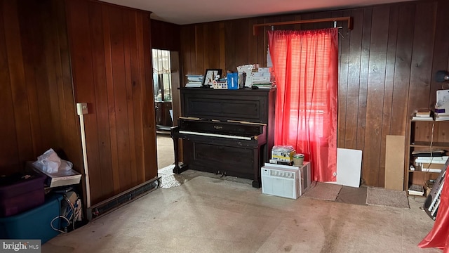 miscellaneous room with light carpet and wooden walls