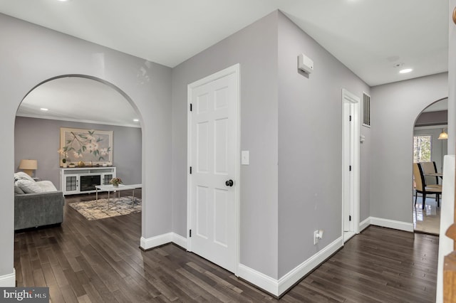 hallway with dark hardwood / wood-style floors