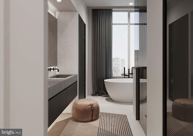 bathroom featuring a washtub and vanity