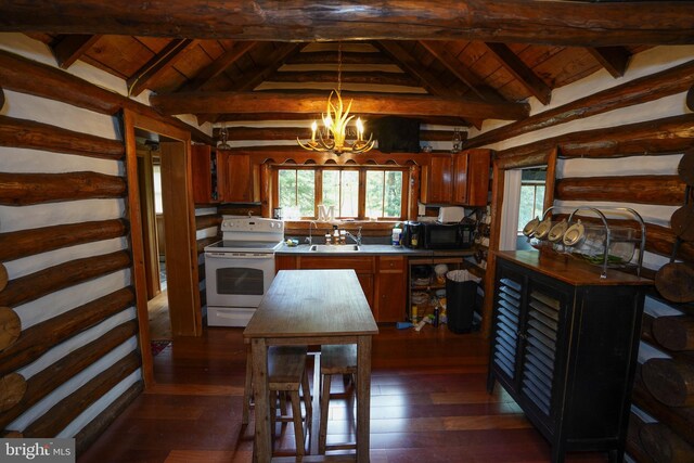 kitchen featuring white electric range, vaulted ceiling with beams, an inviting chandelier, and dark wood-type flooring