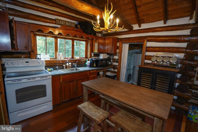 kitchen with white electric range, beamed ceiling, dark wood-type flooring, sink, and a chandelier