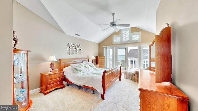 bedroom with ceiling fan, access to exterior, light carpet, and high vaulted ceiling