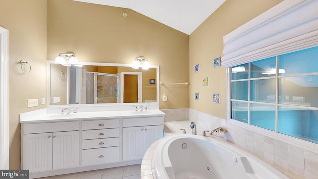 bathroom featuring separate shower and tub, tile patterned flooring, vanity, and vaulted ceiling