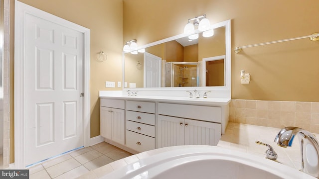 bathroom with tile patterned floors, plus walk in shower, and vanity