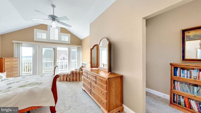 carpeted bedroom with access to outside, ceiling fan, and lofted ceiling