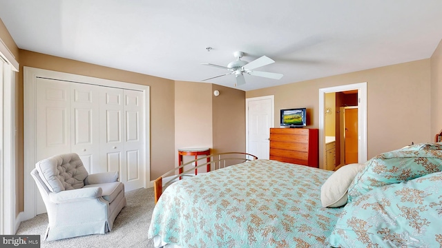 carpeted bedroom featuring ceiling fan