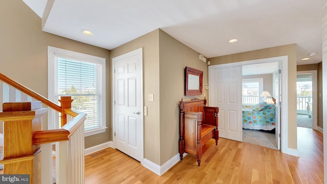 foyer with a healthy amount of sunlight and light hardwood / wood-style floors