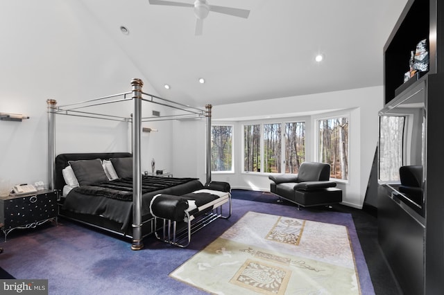 carpeted bedroom featuring high vaulted ceiling and ceiling fan