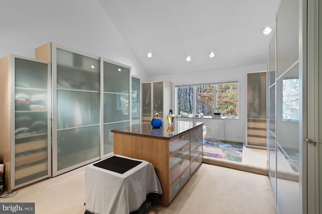 interior space with light carpet, dark stone countertops, and high vaulted ceiling