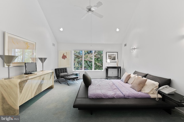 carpeted bedroom featuring high vaulted ceiling and ceiling fan