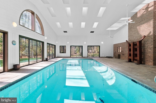 view of pool featuring ceiling fan