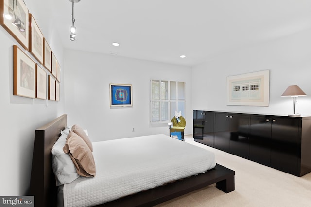 bedroom with carpet flooring and track lighting