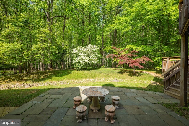 view of yard featuring a wooden deck and a patio area