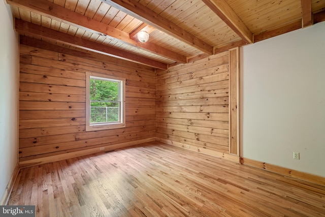 unfurnished room featuring wood walls, beamed ceiling, wooden ceiling, and light hardwood / wood-style floors