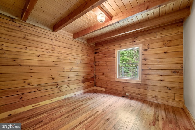 interior space with wood walls, beamed ceiling, light hardwood / wood-style floors, and wooden ceiling