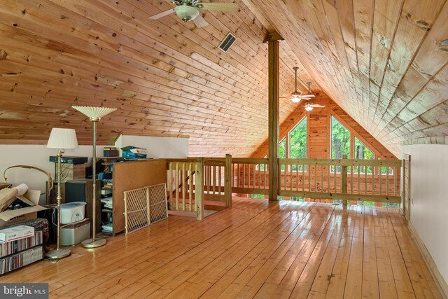 bonus room with ceiling fan, hardwood / wood-style floors, and wooden ceiling