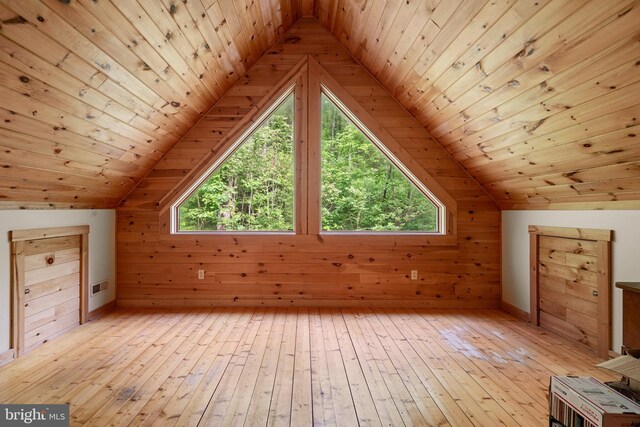 additional living space with wood walls, plenty of natural light, wooden ceiling, and light wood-type flooring