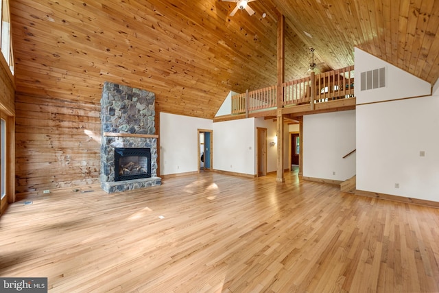 unfurnished living room with ceiling fan, wooden ceiling, light hardwood / wood-style flooring, high vaulted ceiling, and a fireplace