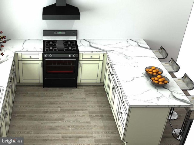 kitchen featuring light stone counters, green cabinets, black gas range, and range hood