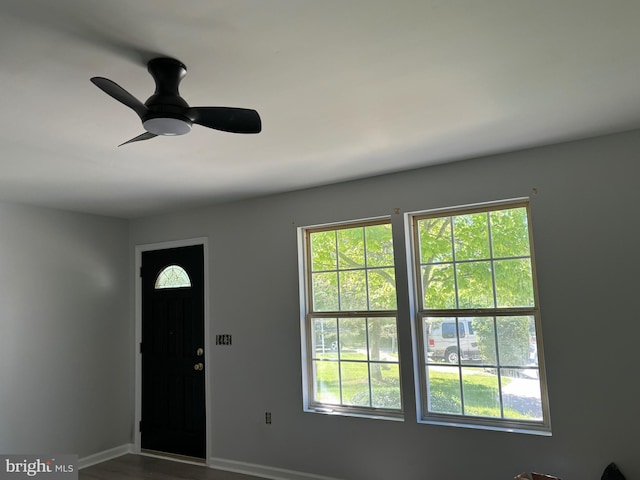 entryway featuring hardwood / wood-style flooring and ceiling fan