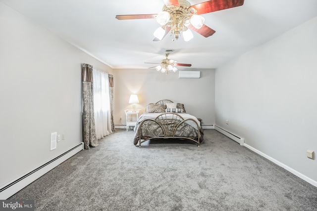 unfurnished bedroom featuring an AC wall unit, carpet flooring, ceiling fan, and a baseboard radiator