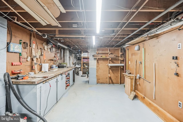 basement with a workshop area