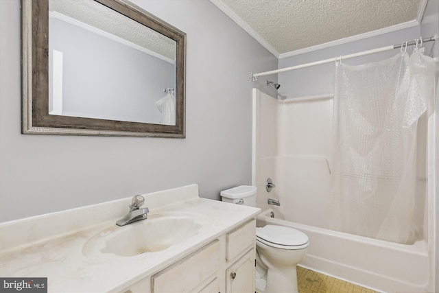 full bathroom with vanity, toilet, ornamental molding, a textured ceiling, and shower / tub combo