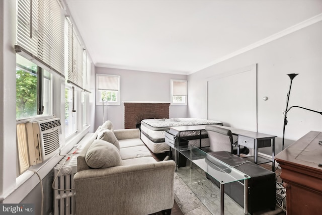 living room featuring cooling unit and ornamental molding