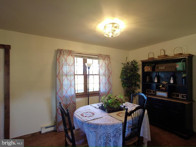 dining space with dark carpet and a baseboard radiator