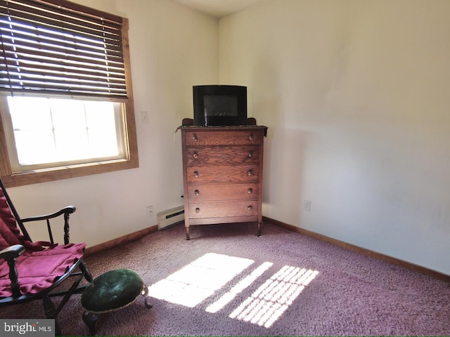 living area featuring light colored carpet and baseboard heating