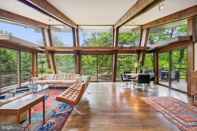 living room featuring plenty of natural light, beamed ceiling, and hardwood / wood-style floors