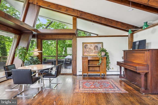 dining space featuring beam ceiling, high vaulted ceiling, and dark wood-type flooring