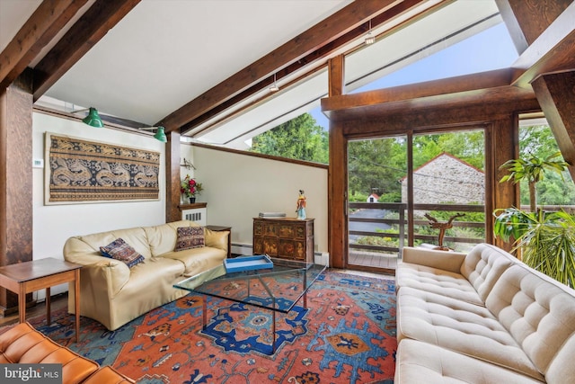 living room with lofted ceiling with beams and baseboard heating