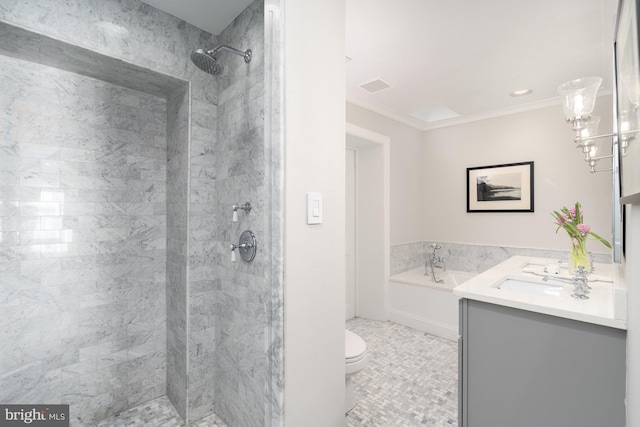 full bathroom featuring separate shower and tub, vanity, a notable chandelier, ornamental molding, and toilet