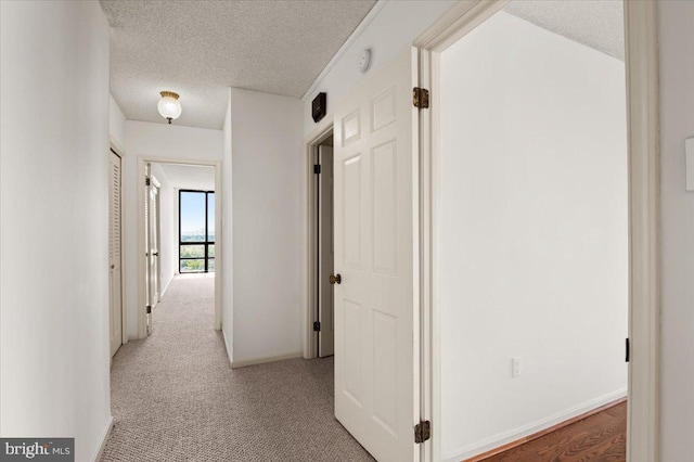 hallway featuring light carpet and a textured ceiling