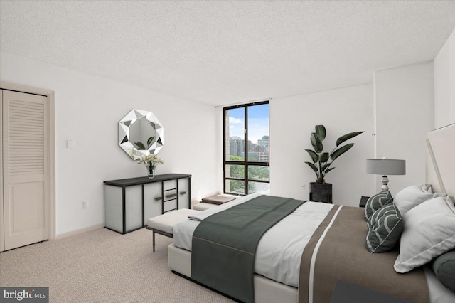 carpeted bedroom with a textured ceiling, a wall of windows, and a closet