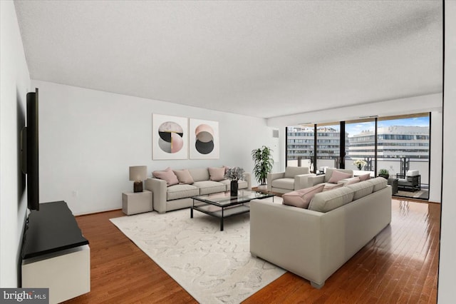 living room with wood-type flooring and a textured ceiling