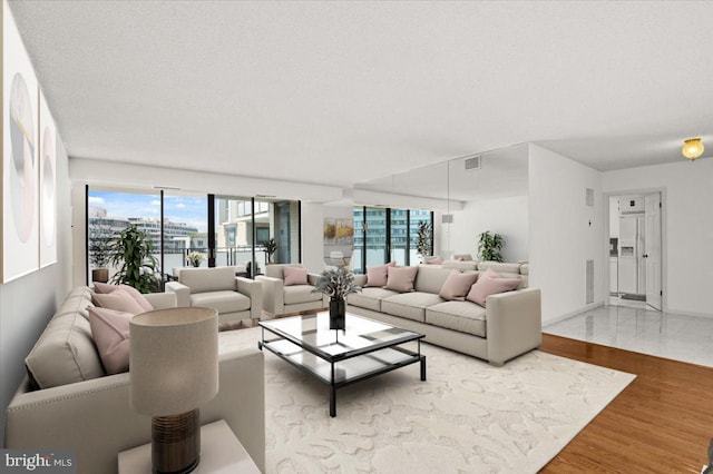 living room featuring wood-type flooring and a textured ceiling