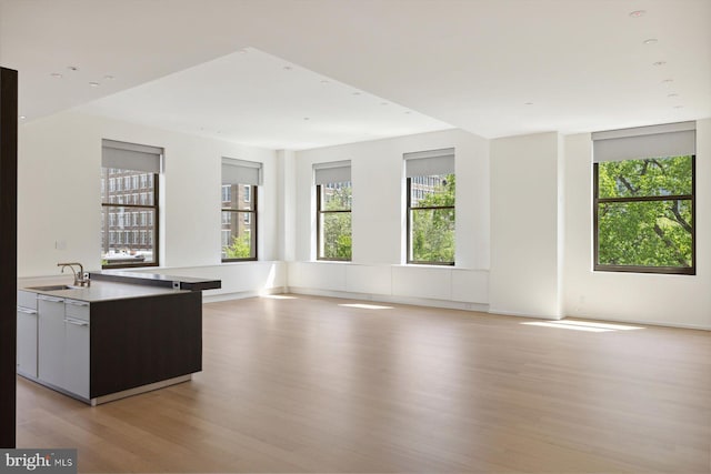 kitchen featuring open floor plan, light wood-type flooring, a sink, and a kitchen island with sink