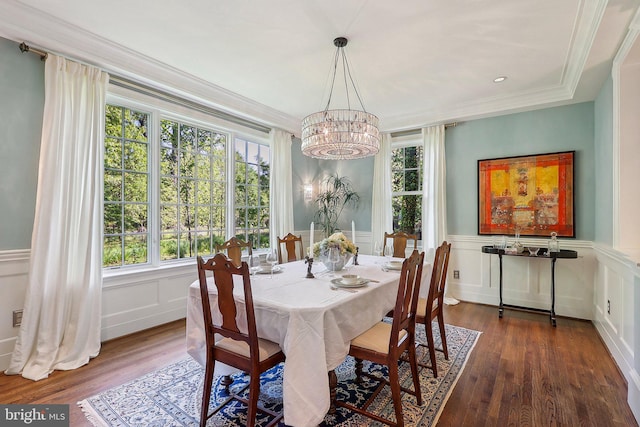 dining space featuring a notable chandelier, ornamental molding, and dark hardwood / wood-style floors