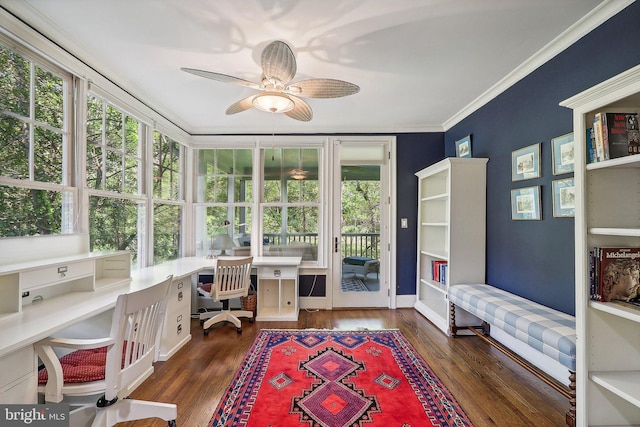 home office featuring crown molding, dark wood-type flooring, and ceiling fan