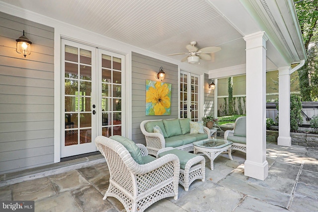 view of patio with outdoor lounge area, french doors, and ceiling fan