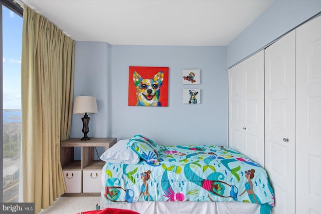 bedroom featuring a closet and carpet flooring