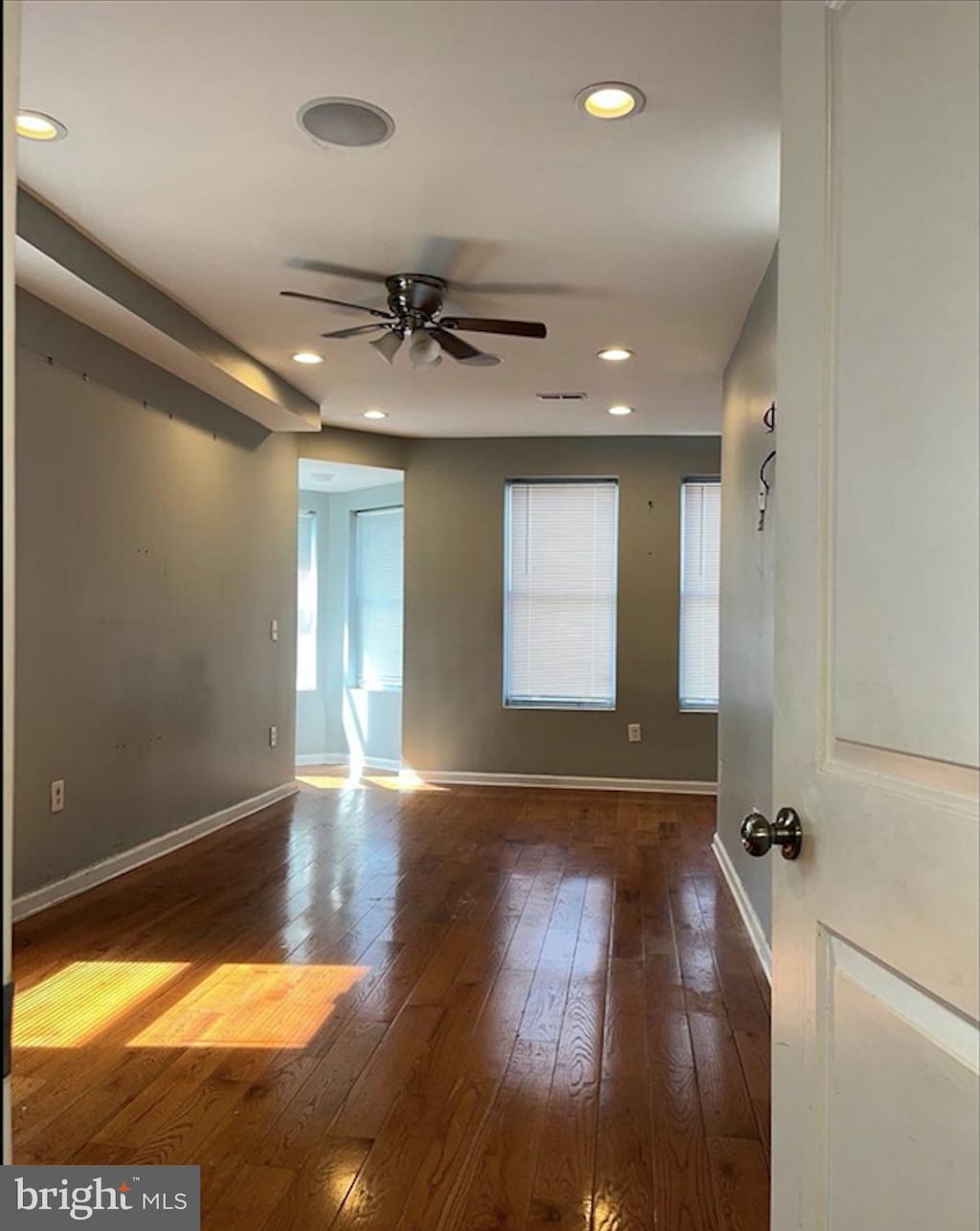 empty room with a wealth of natural light, ceiling fan, and dark hardwood / wood-style floors